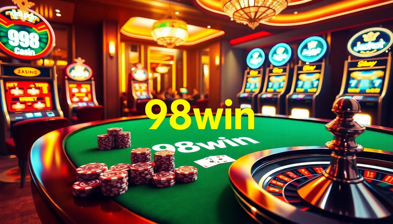 Experience the excitement of 98win with vibrant casino tables and colorful poker chips.