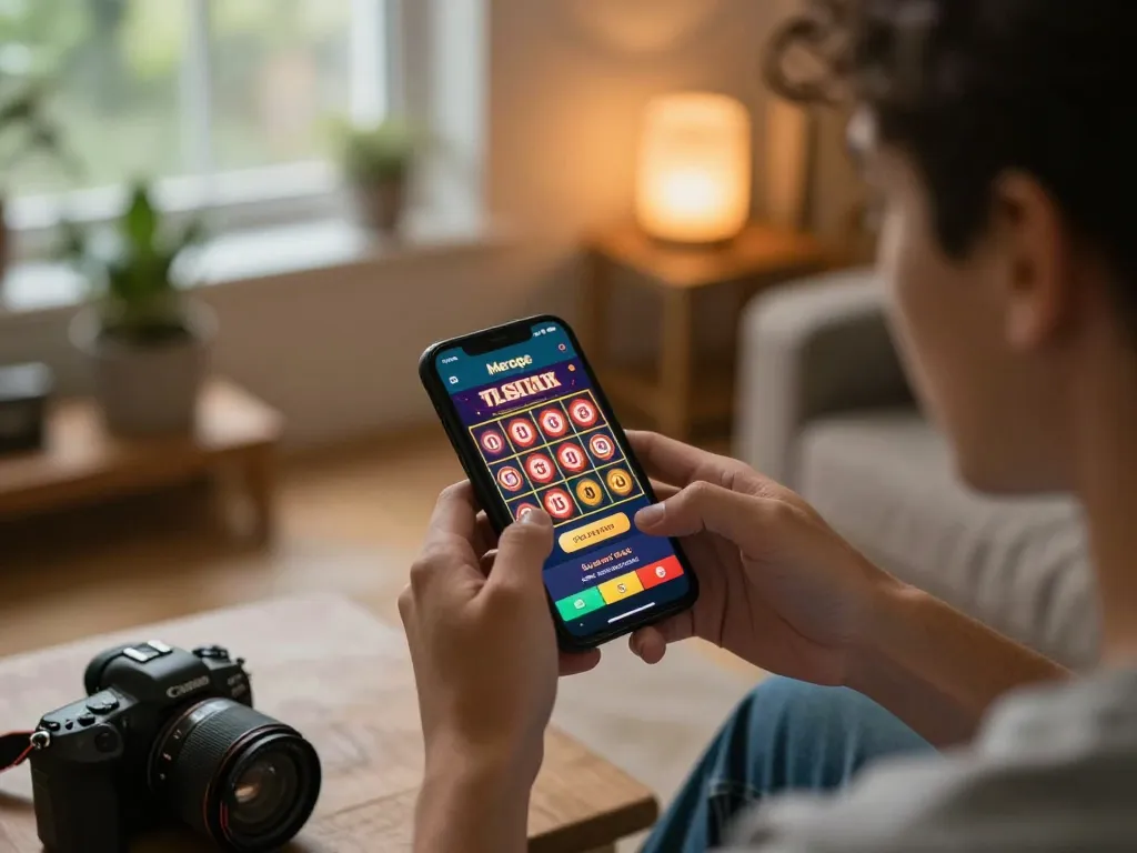 Meroope player engaging in online slot games on smartphone in cozy home setting.
