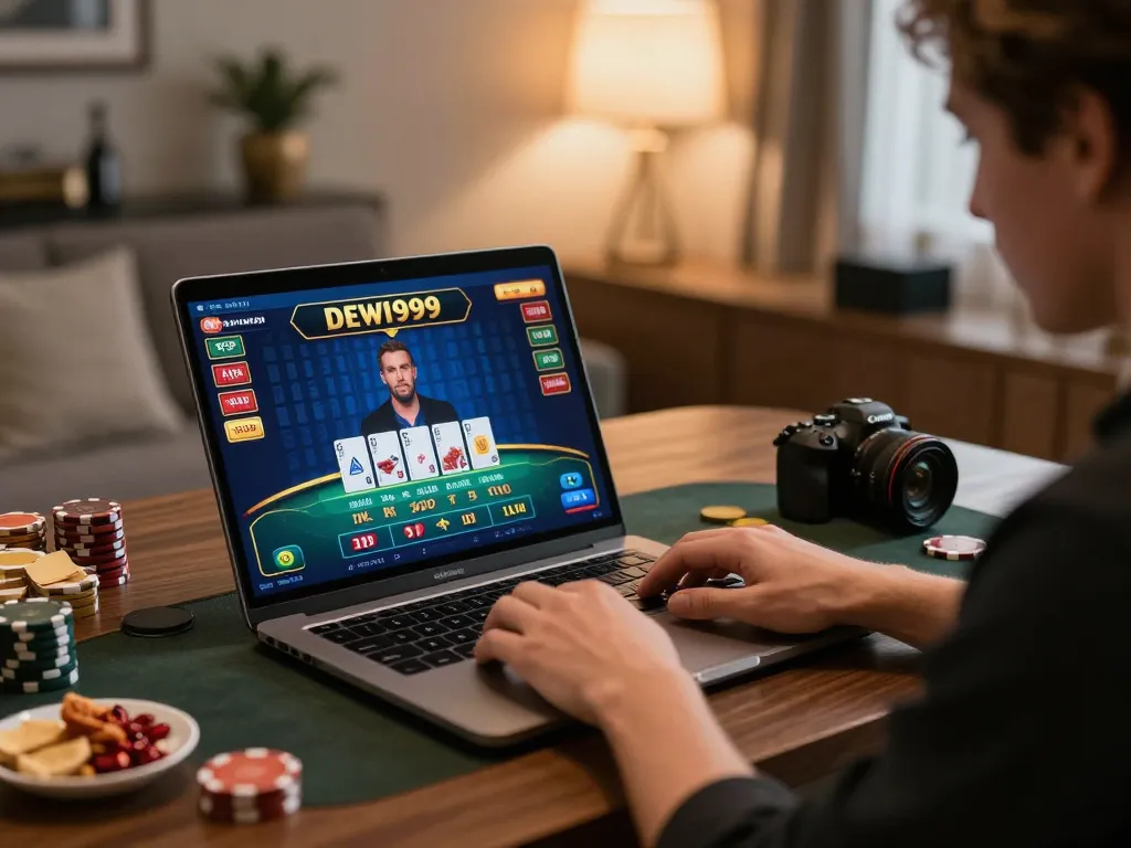Pemain yang terlibat menjelajahi opsi blackjack dealer langsung DEWI999 di laptop dalam pengaturan yang nyaman.