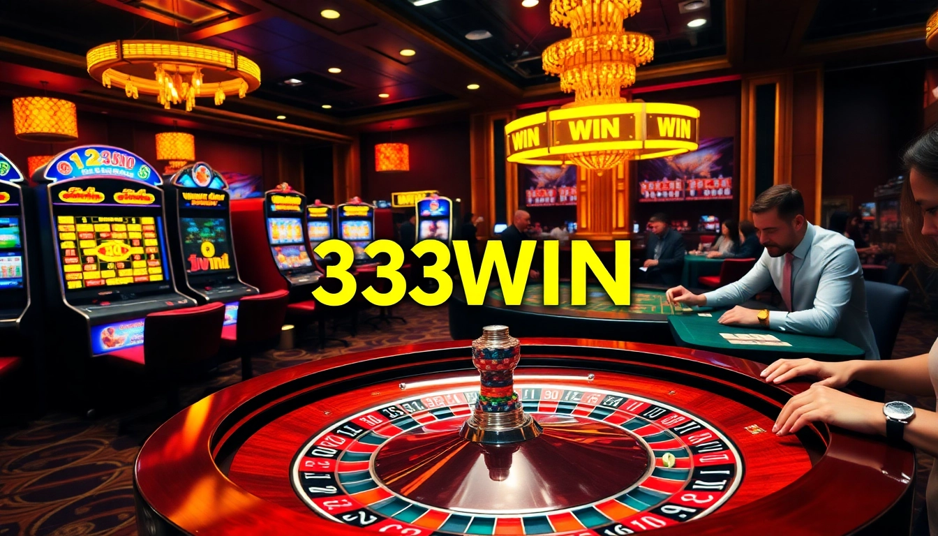 Experience the thrill of winning at 33WIN with vibrant casino tables, roulette wheels, and skilled players.