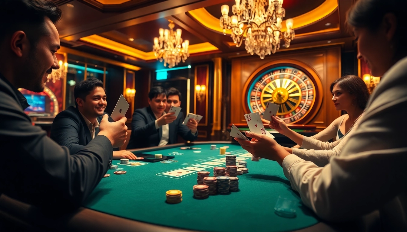 Players experience high-stakes poker excitement at Thabet casino, showcasing vibrant chips and cards.