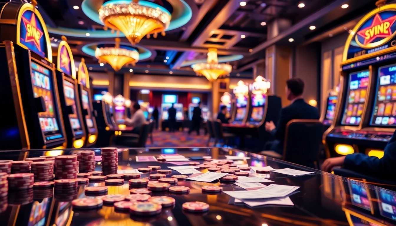 Excited player wins on a Slot Gacor machine in a luxurious casino environment, surrounded by chips and vibrant lights.