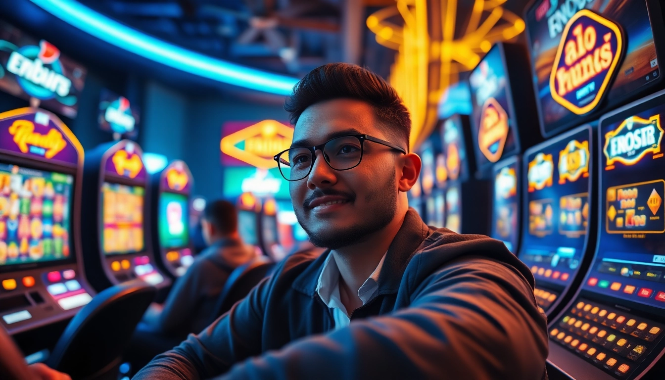 Engaging scene featuring fb88 online gaming experience with vibrant digital displays and confident player.