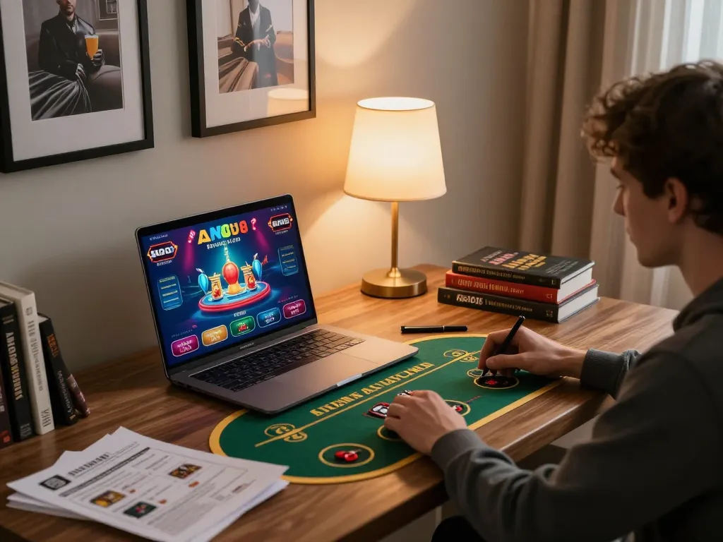 Player enjoying ALO8 live dealer game on laptop with strategy notes, cozy home setup