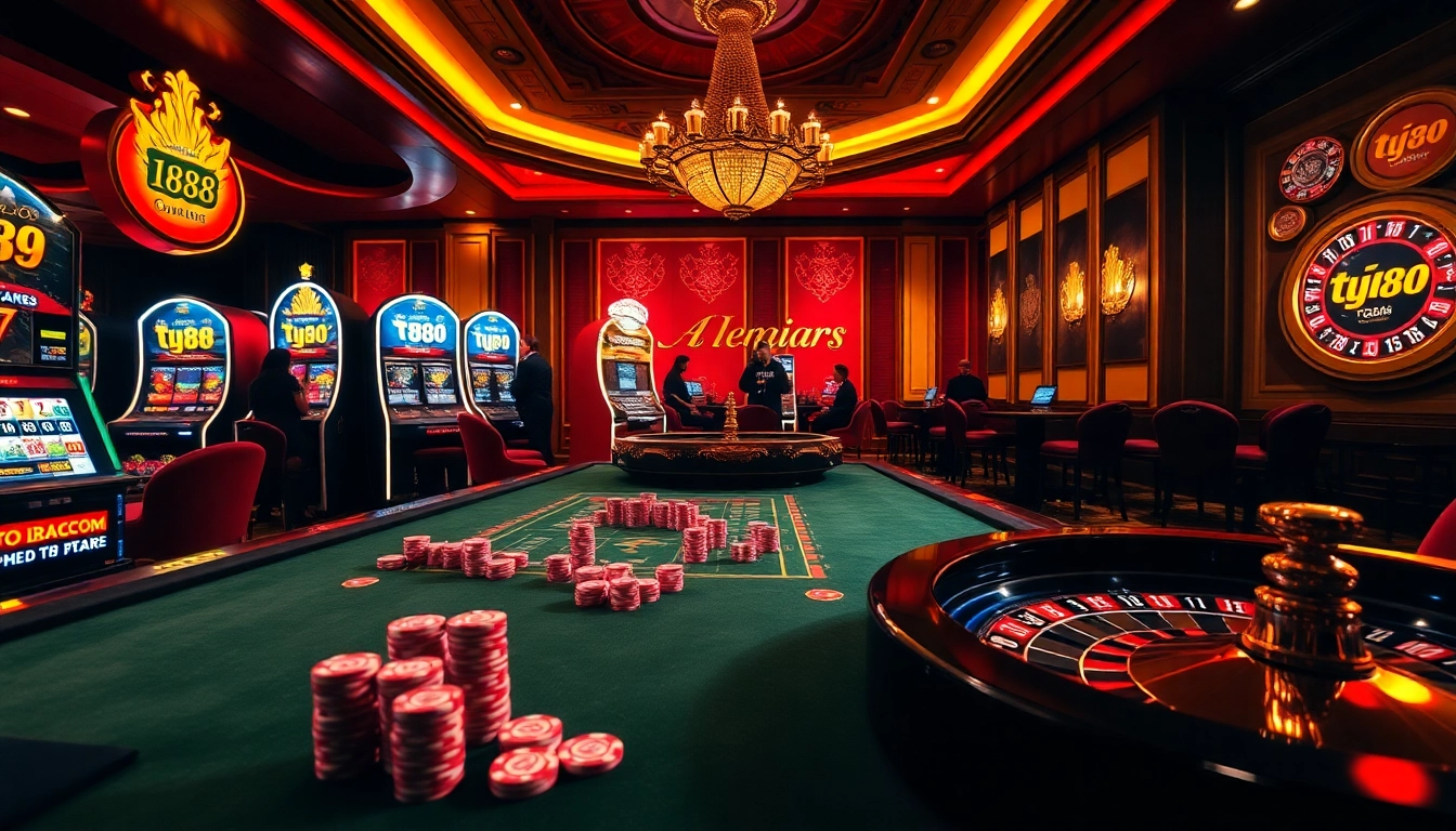 Players enjoying a luxurious tg88 casino experience with vibrant slot machines and poker chips.
