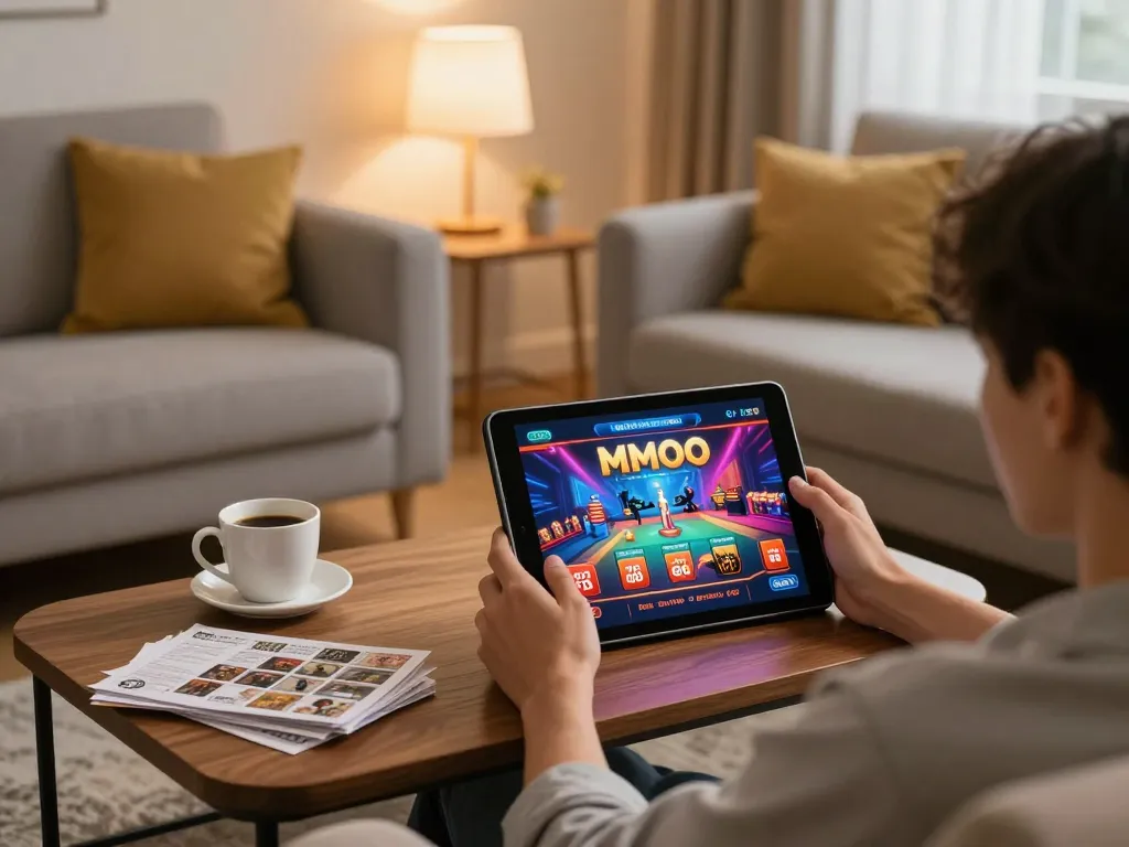 Engaging in MMOO online gaming at home with a tablet in a cozy lounge.