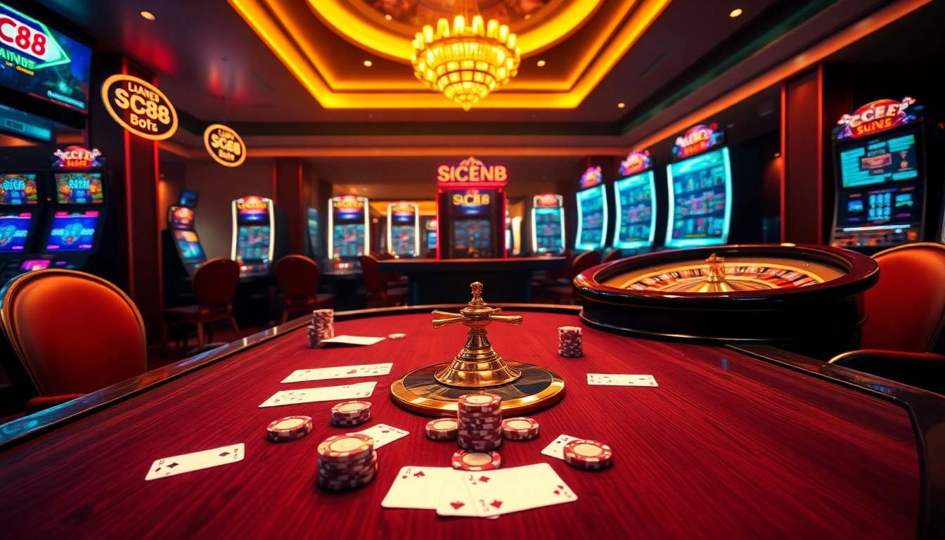 Casino scene showcasing SC88's online gambling experience with poker, roulette, and engaging slots.