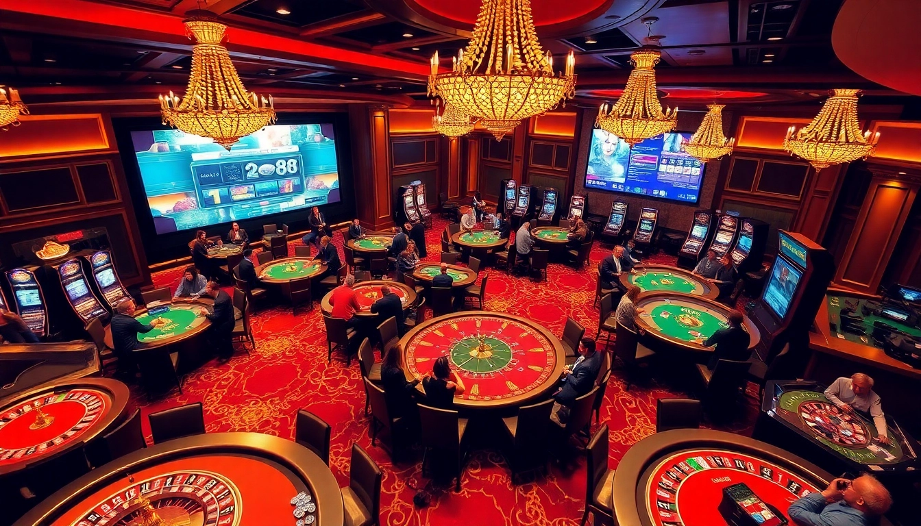 Players enjoying casino games like poker and roulette at UK 88's luxurious gaming floor.
