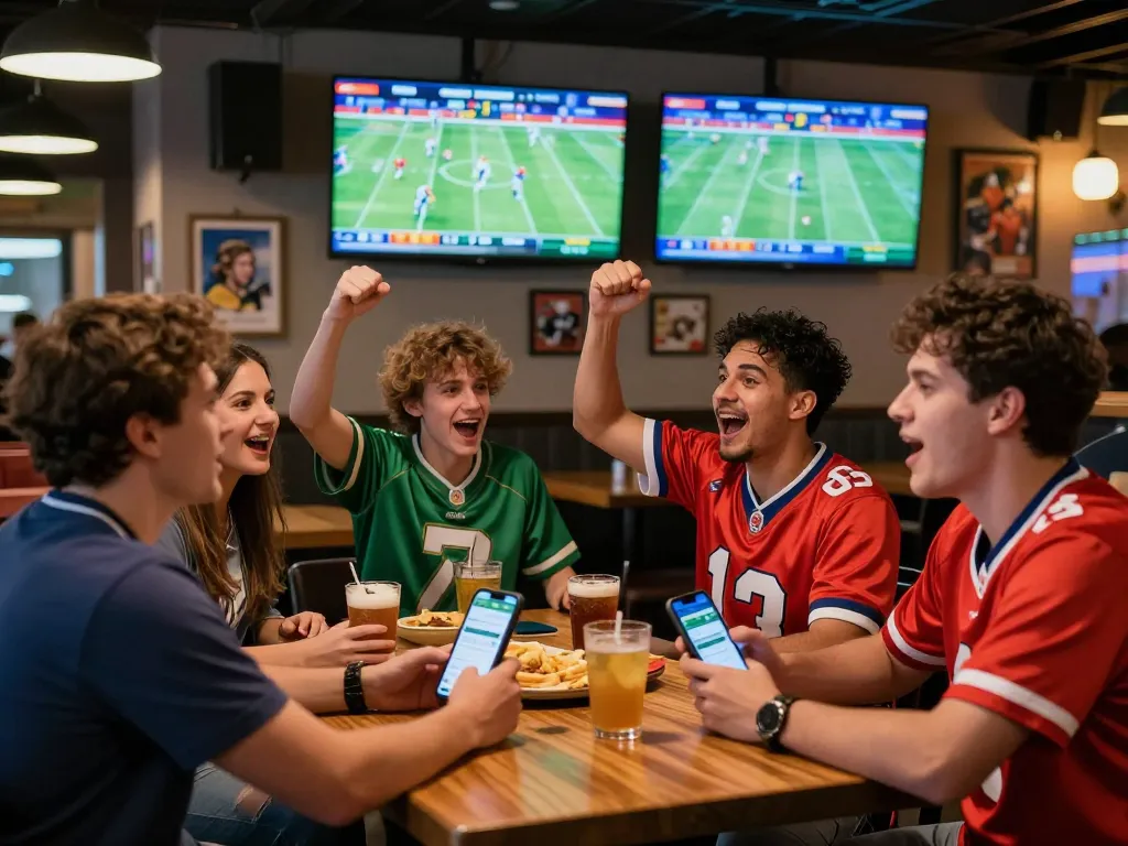 Exciting scene of friends enjoying kèo nhà cái while watching a live football match in a vibrant sports bar.