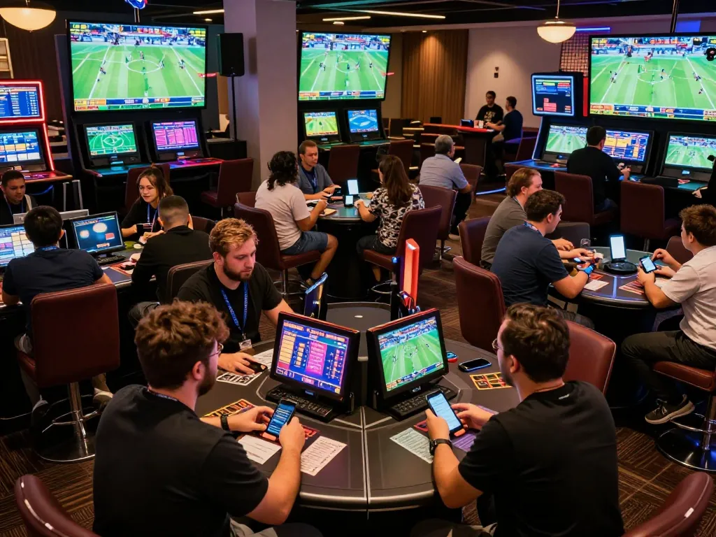 Engaged bettors placing bets on live sports events at a vibrant VB88 casino
