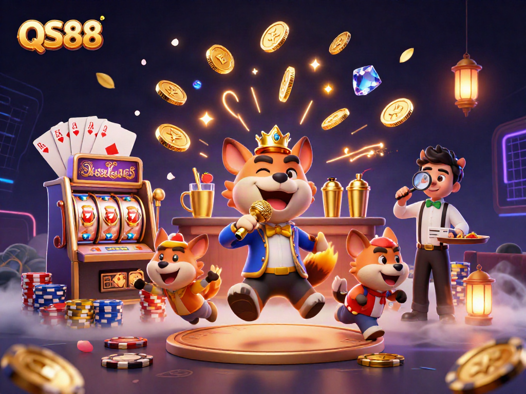 Watch QS88 hyenas entertain at a dynamic casino scene featuring a stand-up comedian, bartender, and bouncer.