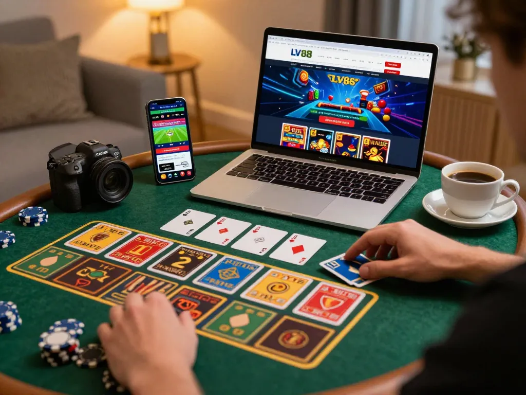 LV88 player engaging in online gaming on laptop with live dealer games and vibrant ambiance.