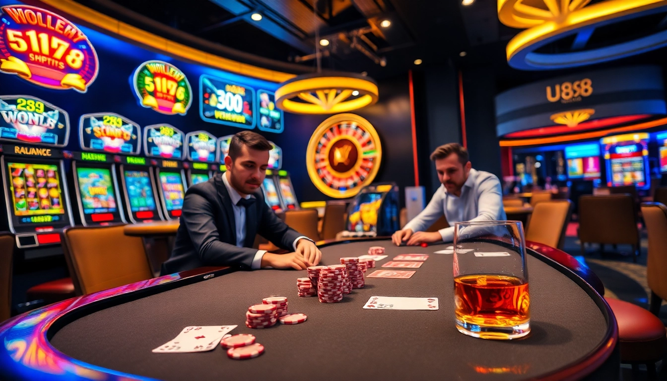 Exciting gaming atmosphere at U888 with poker, roulette, and slot machines.