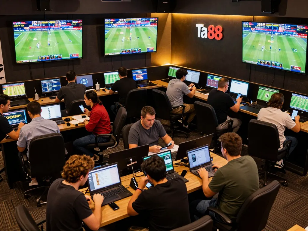 Ta88 sports betting scene showcasing engaged players using mobile devices and laptops for live betting.