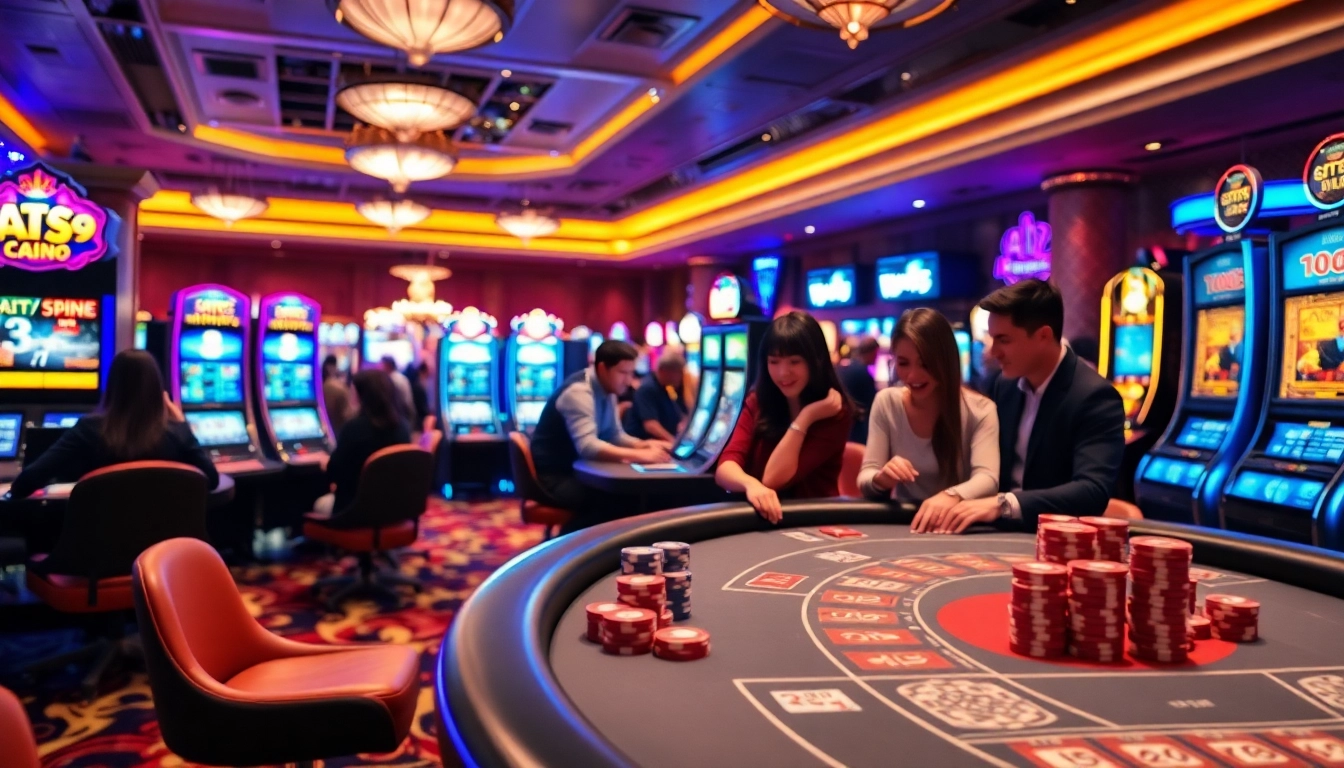 Experience the excitement of AT99娛樂城 with lively casino tables and vibrant slot machines.
