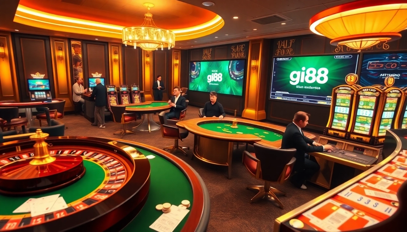 Experience the thrilling action at gi88 with vibrant casino games and players engaged in betting.