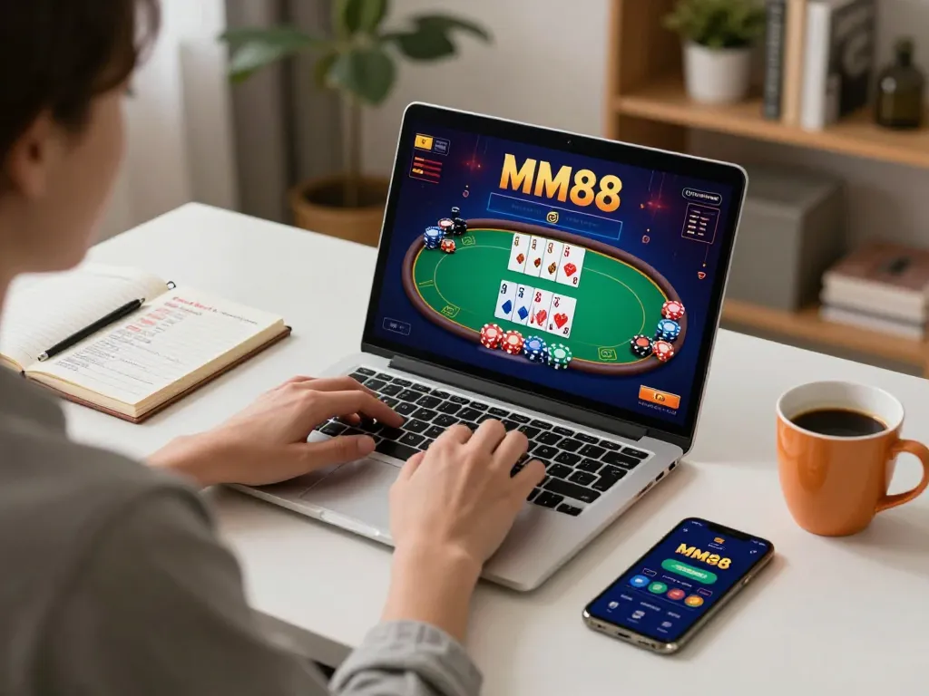 Using MM88 app on laptop for online gambling strategies in a cozy home setup.