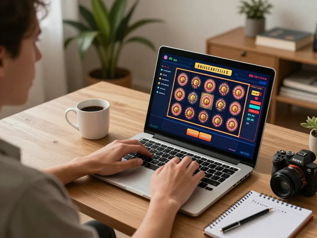Engaging in online gaming with 100cuci, showing dynamic slot machines and strategic betting.