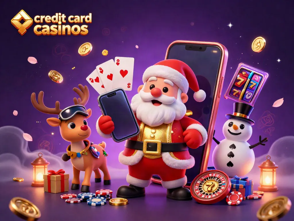 Experience the thrill of credit card casinos with Santa enjoying jackpot slots in a festive casino setting.