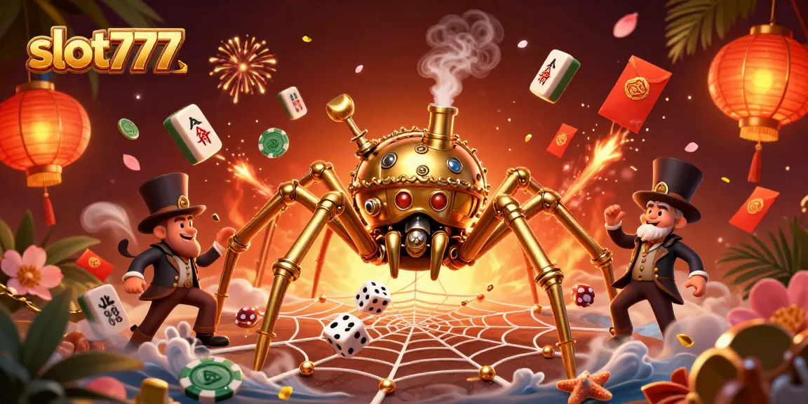 Engage in thrilling gameplay at slot777 as the steampunk spider catches dice in an opulent casino scene.