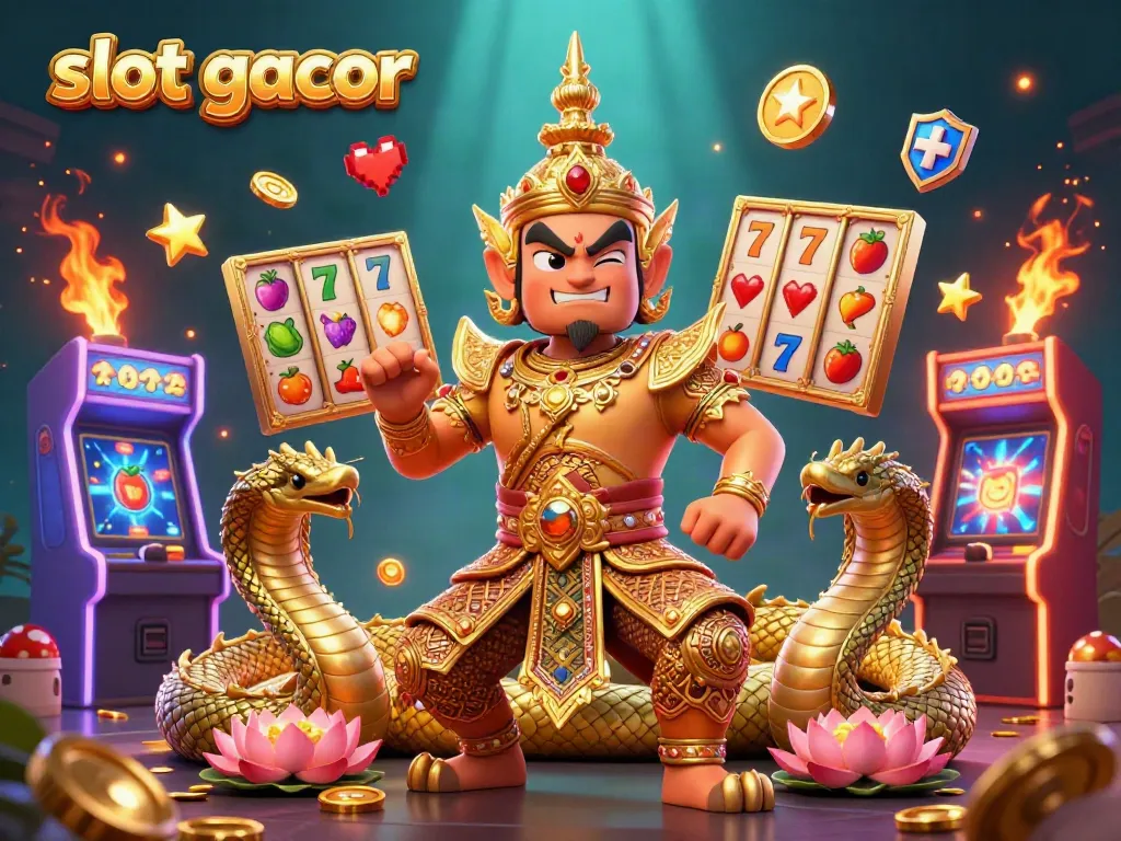 Engage with slot gacor in this vibrant 3D scene featuring a Thai temple guardian and Naga companions.