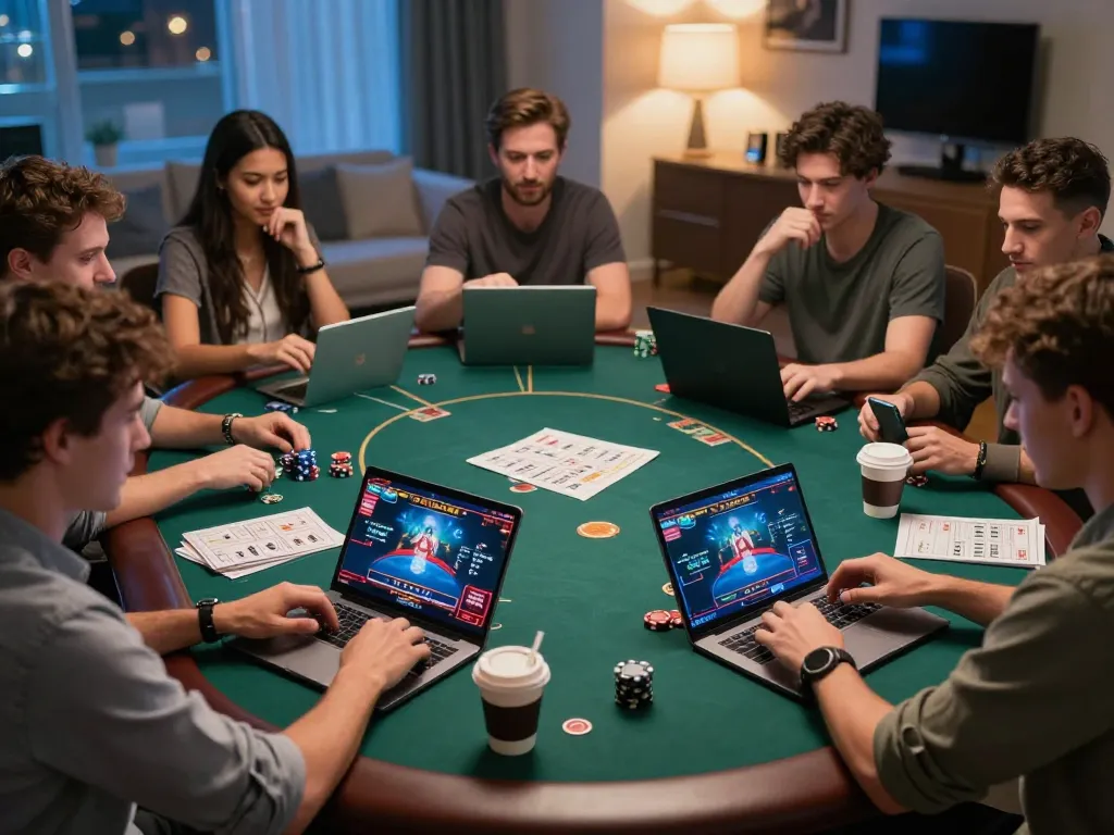 Engaged players at taixiusunwin.art enjoying strategic poker gameplay online in a modern home setting