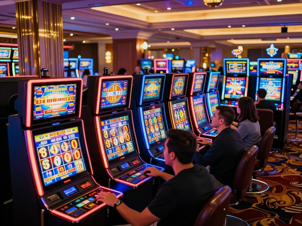 NK88 players experiencing excitement at the slot machine area in a lively casino setting