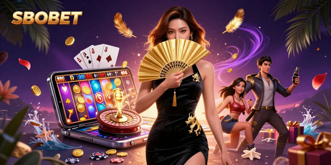 SBOBET offers dynamic betting experiences with an engaging Asian woman amid action-packed casino elements.