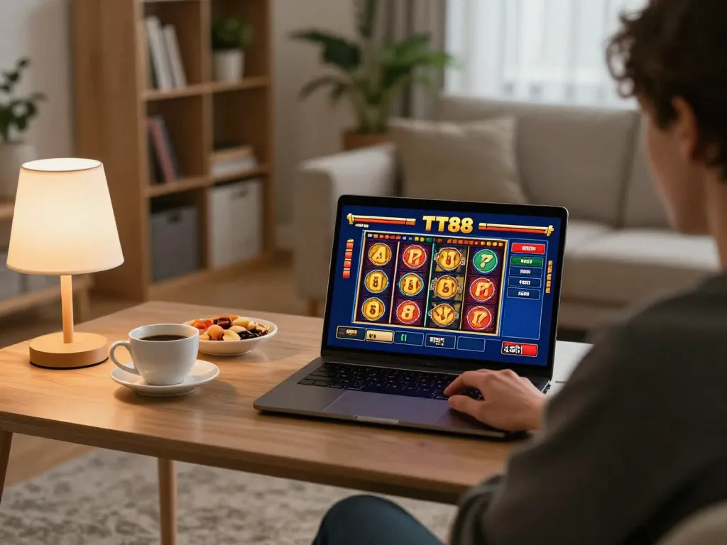Tải game TT88 on a laptop during a cozy online gaming session in a comfortable living room.