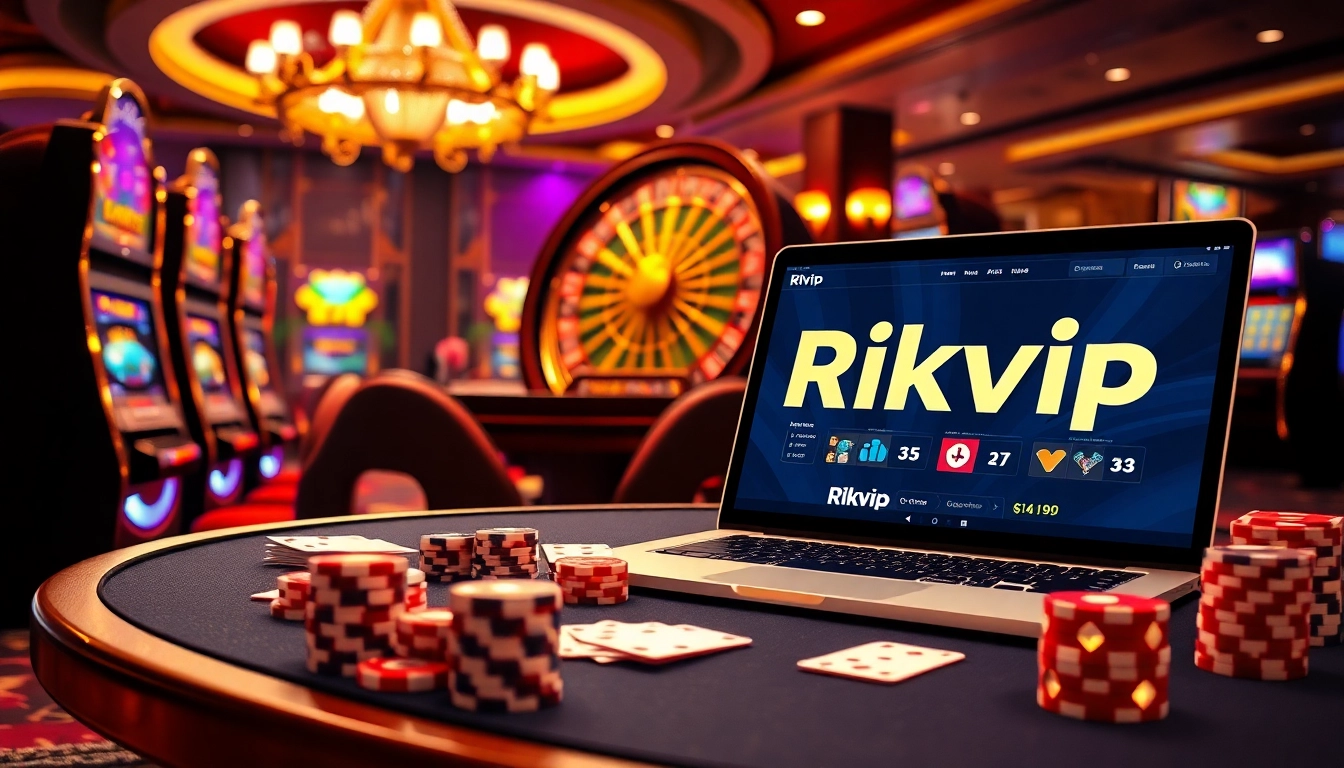 Experience the thrill of gambling with Rikvip and vibrant casino elements in a captivating scene.