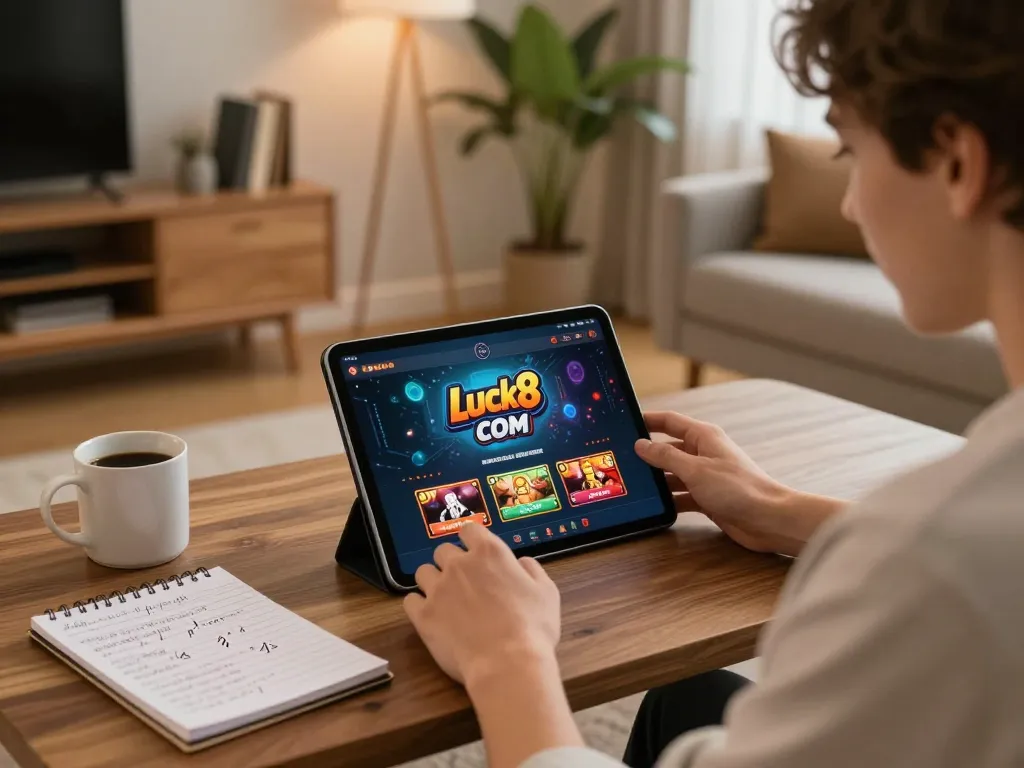 Engaging with Luck8 com on a tablet, showcasing cozy home casino gaming setup.