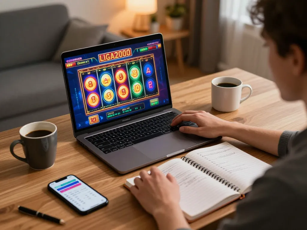 LIGA2000 online slot game engagingly displayed on a laptop with a cozy home office setup, promoting responsible gaming.