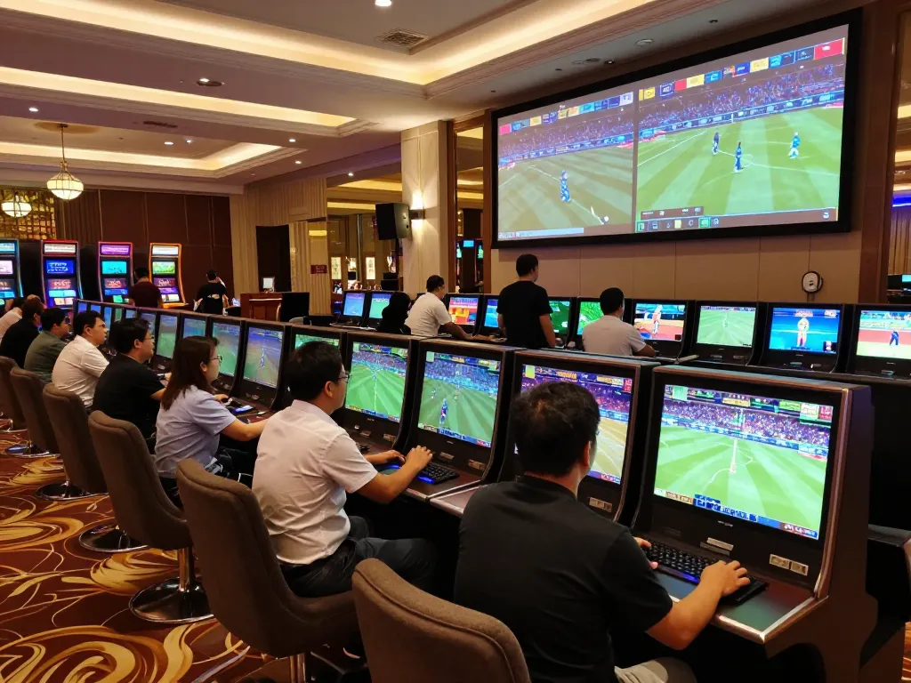 Soi Kèo patrons passionately engaging in sports betting atmosphere, vibrant screens displaying matches.