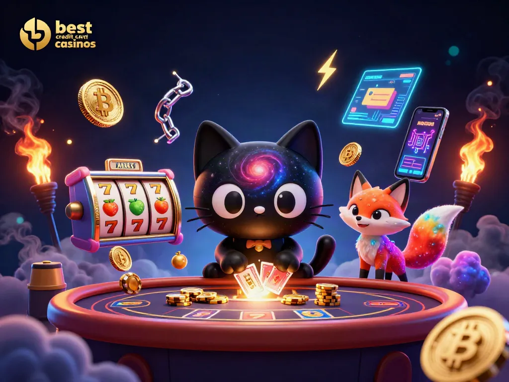 Engage with the best credit card casinos highlighted by a cosmic scene featuring vibrant characters and slot games.