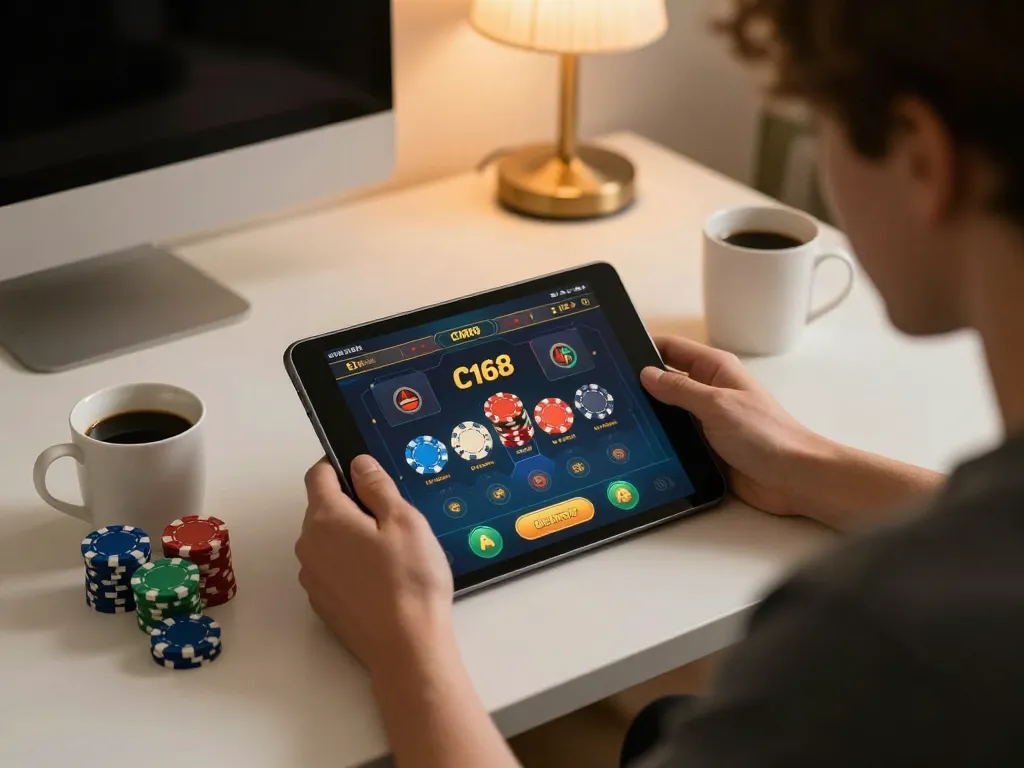 C168 player engaged in online casino gaming with tablet and chips in a cozy home setting.