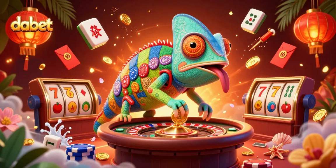 Engaging dabet illustration showcasing a lively chameleon casino owner amidst vibrant slot game elements.