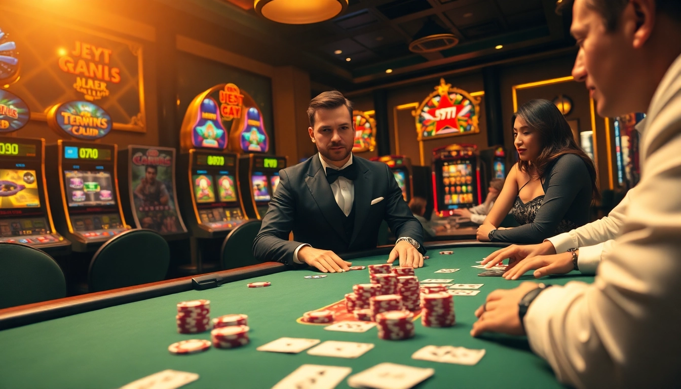 Players enjoying a high-stakes game at an i9bet poker table, surrounded by vibrant slot machines.