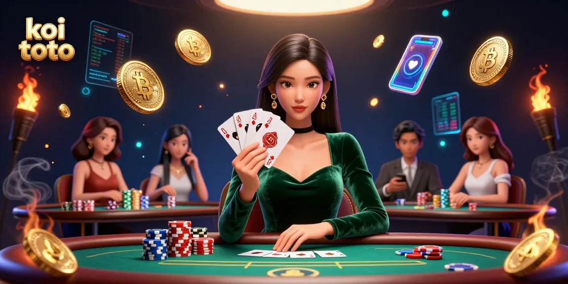 Engage with koi toto at an exciting poker table surrounded by glowing cryptocurrency elements.