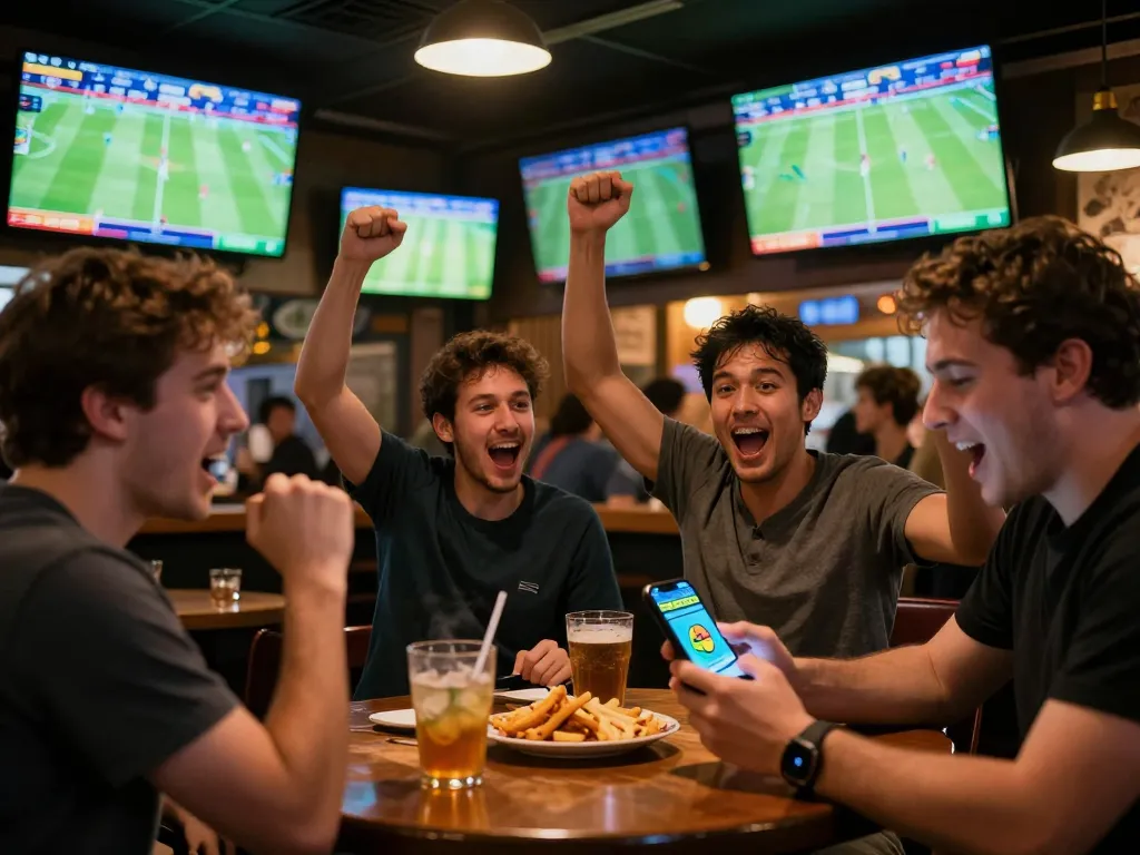 Engaged sports fans placing bets on sbobet88 while watching live matches in a lively sports bar