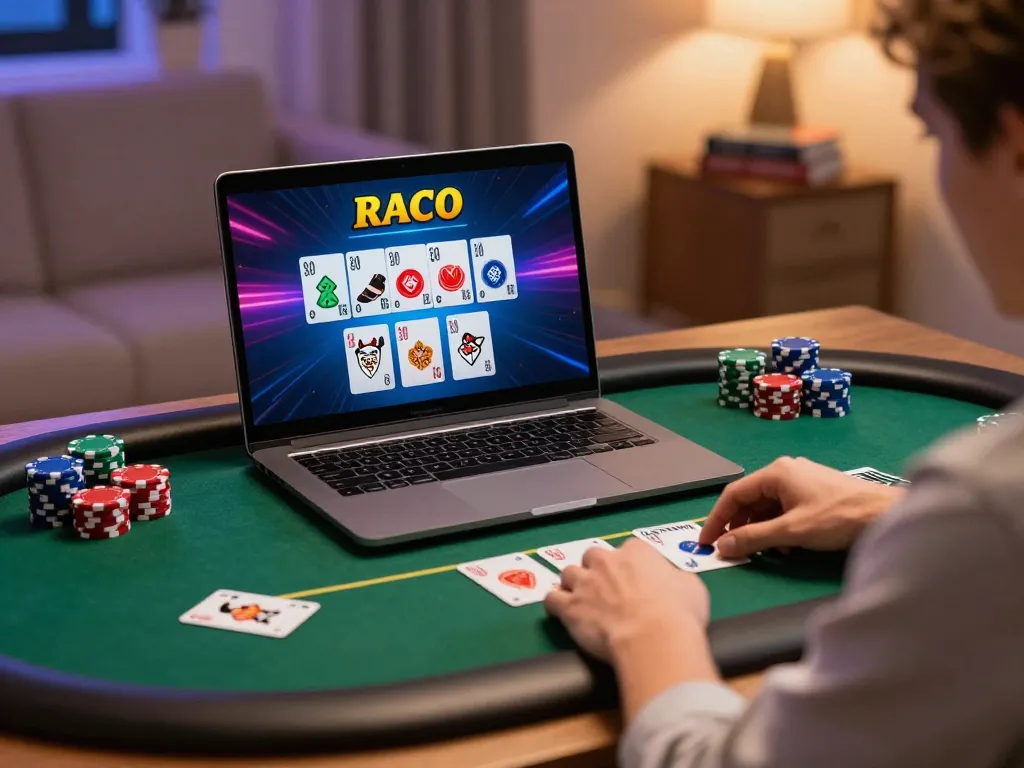 VA88 player engaging with vibrant online poker game on a laptop, chips and cards visible, cozy home atmosphere.