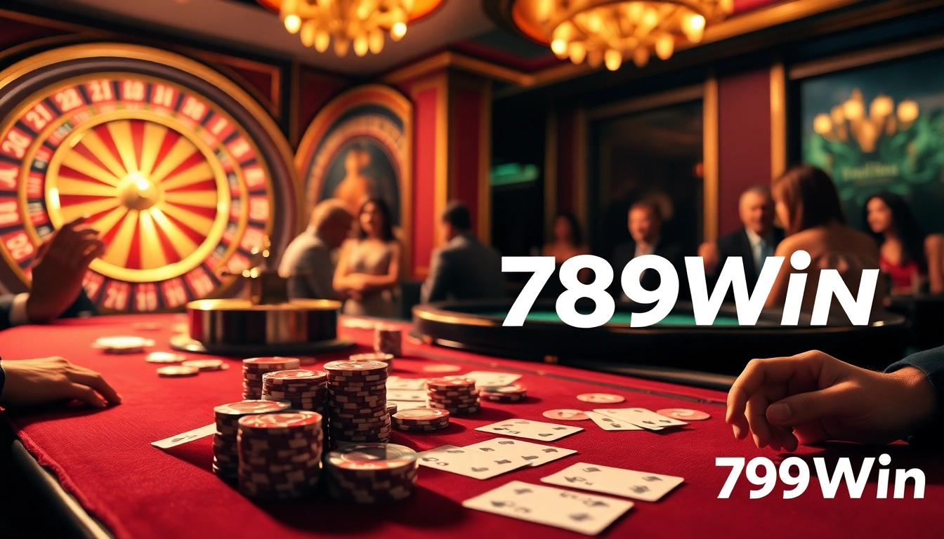 Experience the thrill of 789Win at a luxurious casino poker table, surrounded by excitement and glamour.
