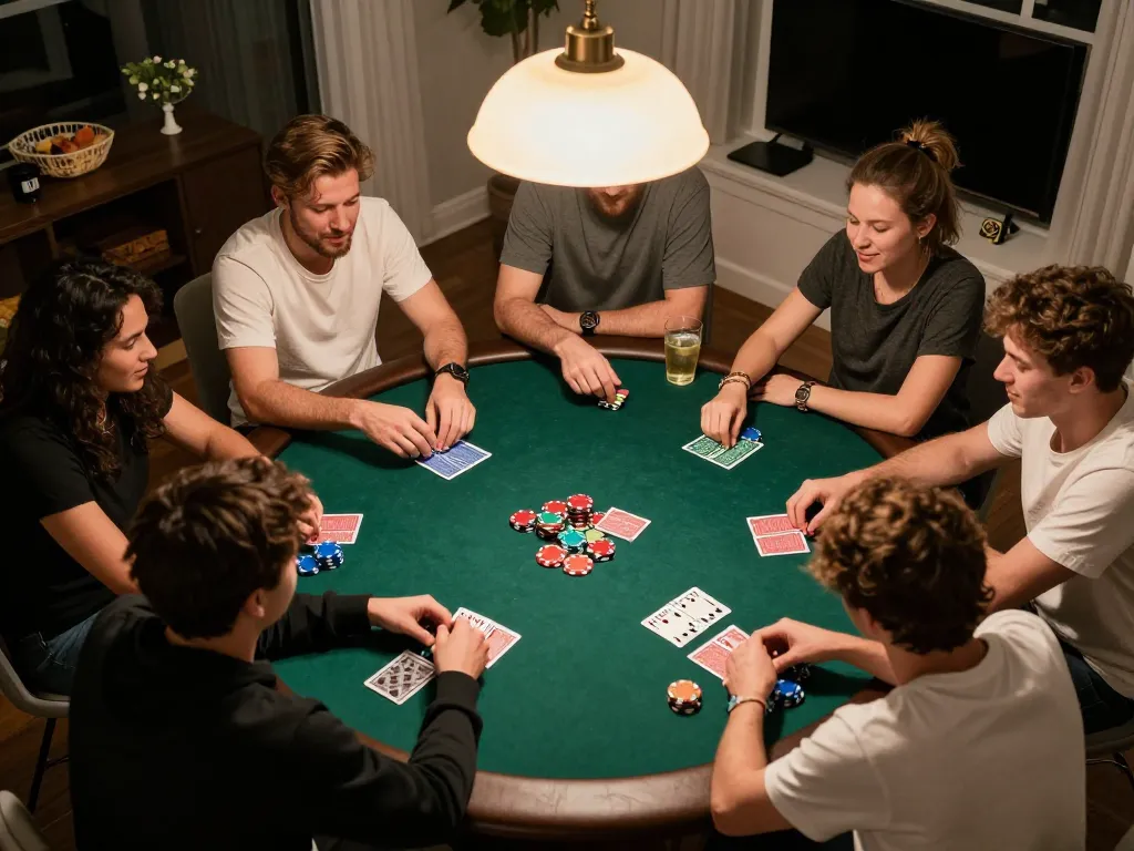 Exciting home poker night scene with friends enjoying strategic gameplay at Trang chủ Vk88