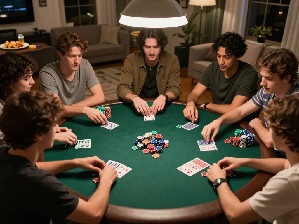 Kelompok yang menyenangkan menikmati malam poker di rumah, mencerminkan strategi permainan yang menyenangkan di https://www.hotel-restaurant-megeve.com/fr/.