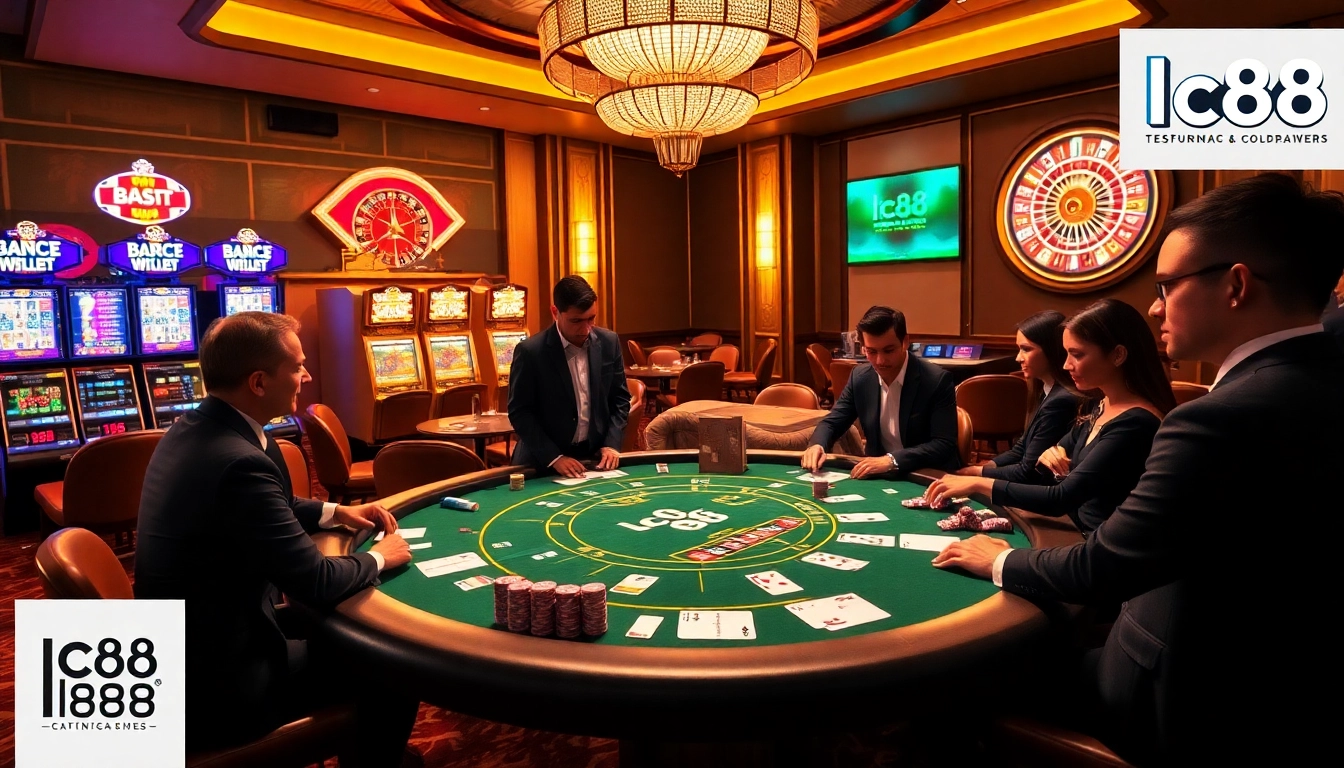Engaging scene of high-stakes gaming at lc88 casino, featuring poker and roulette.