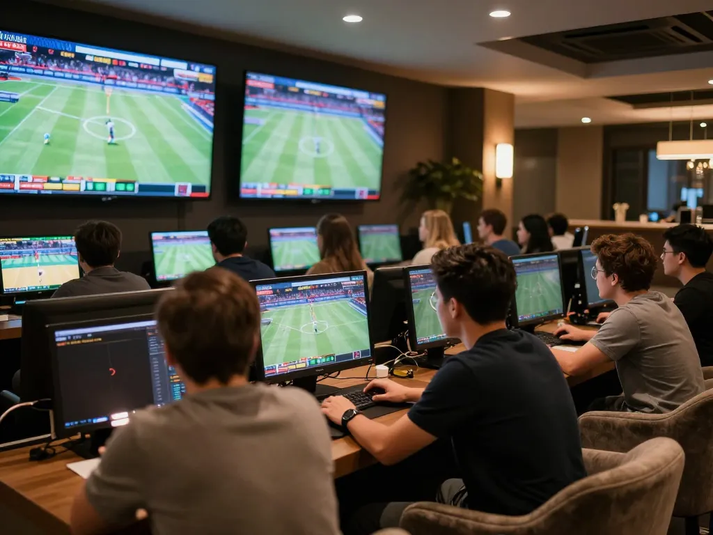 Engaged gamblers utilizing btopcshop for strategic sports betting in a stylish lounge
