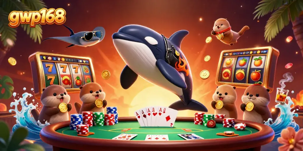 Permainan slot dan jackpot di GWP168 dengan karakter orca dan keluarga berang-berang.