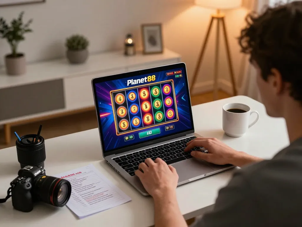 Player enjoying online slots on Planet88, showcasing a colorful gaming experience at home.