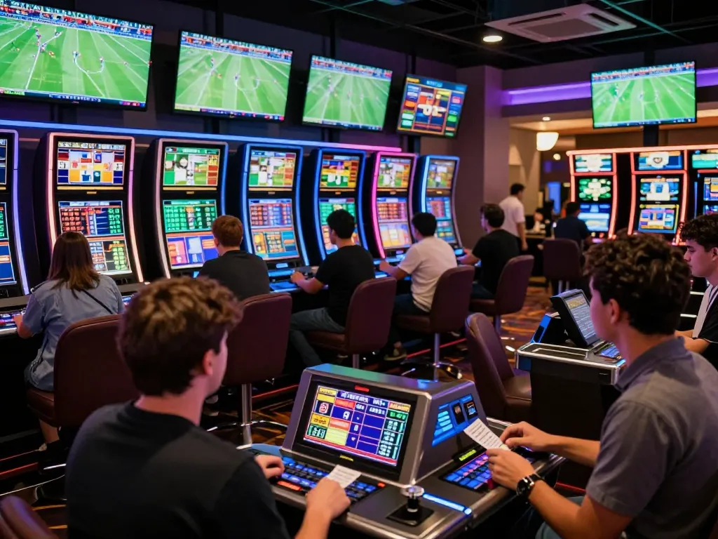 Soi Kèo enthusiasts engage in high-energy sports betting in a modern casino lounge