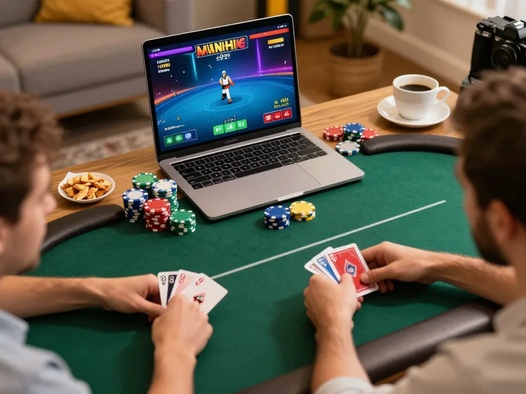 Player strategizing in online poker using dinamit4d platform at home with laptop and snacks.