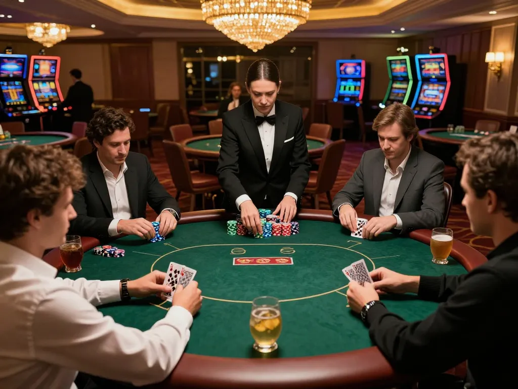 Players at a go99 poker table in an upscale casino demonstrating tense gameplay with vibrant ambiance.